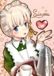 Rule 34 | 1girl, alternate costume, apron, blonde hair, blush, character name, cup, dress, enmaided, green dress, hair ribbon, highres, himura moritaka, holding, holding tray, kantai collection, looking at viewer, maid, maid apron, maid headdress, open mouth, ribbon, shin&#039;you (kancolle), solo, teacup, teapot, tray, yellow ribbon