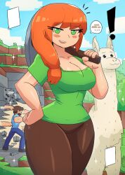 Rule 34 | !, 1boy, 1girl, absurdres, alex (minecraft), animal, beard, block (object), blue pants, blue shirt, blush, breasts, brown footwear, brown hair, brown pants, cleavage, cloud, collarbone, cube, facial hair, gold, grass, green eyes, green shirt, hand on own hip, highres, holding, large breasts, llama, llama (minecraft), long hair, looking at viewer, minecraft, open mouth, pants, pickaxe, ponytail, punching, red hair, rock, shirt, shoes, short hair, short sleeves, side ponytail, silver, sky, smile, sparkle, speech bubble, spoken gold, standing, steve (minecraft), teeth, thick thighs, thighs, tony welt, tree, wide hips