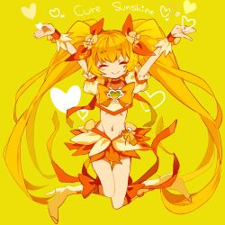 Rule 34 | 10s, 1girl, arms up, blonde hair, bow, brooch, character name, closed eyes, cure sunshine, green background, heart, heart brooch, heartcatch precure!, jewelry, jumping, long hair, midriff, myoudouin itsuki, navel, orange bow, orange skirt, outstretched arms, precure, simple background, skirt, smile, solo, twintails, yuucho (cololal)