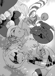 Rule 34 | 3boys, absurdres, apple, belt, breath of fire, breath of fire iii, closed mouth, damegamega, dragon, fingerless gloves, food, fruit, gloves, greyscale, highres, long hair, male focus, monochrome, multiple boys, rei (breath of fire), ryuu (breath of fire iii), sleeping, tail, teepo