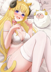 Rule 34 | 1girl, ahoge, animal collar, animal ear fluff, animal ears, aroused nosebleed, bed, bell, black horns, blonde hair, blue eyes, blush, bra, breasts, cat ears, cat tail, collar, commentary request, curled horns, embarrassed, feet out of frame, furrowed brow, highres, hololive, horns, jingle bell, kemonomimi mode, large breasts, leo (f mmmnkm paint), long hair, looking at viewer, lying, on side, open mouth, panties, paw pose, pillow, pink collar, sheep ears, sheep girl, sheep horns, signature, smile, solo, strap slip, sweat, tail, thighhighs, thighs, tongue, tsunomaki watame, underwear, underwear only, very long hair, virtual youtuber, watamate, white bra, white panties, white thighhighs