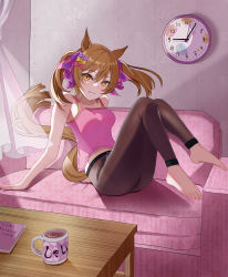 Rule 34 | 1girl, absurdres, analog clock, animal ears, bare shoulders, barefoot, blush, bow, breasts, brown hair, camisole, clock, closed mouth, coffee table, couch, cup, curtains, hair bow, highres, horse ears, horse girl, horse tail, indoors, leggings, long hair, looking at viewer, midriff peek, newon, orange eyes, pink shirt, shirt, sitting, small breasts, smart falcon (just in time!? uma&lt;3dol) (umamusume), smart falcon (umamusume), smile, solo, table, tail, twintails, umamusume