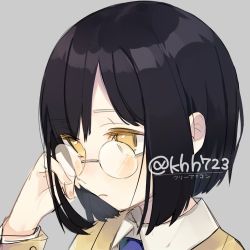 Rule 34 | 1girl, black hair, blouse, bob cut, commentary request, frown, grey background, kawaii rowa, lowres, portrait, shirt, short hair, simple background, solo, yellow eyes, yellow shirt