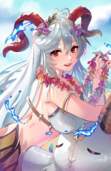 Rule 34 | 1girl, antenna hair, armlet, beach, bikini, blue sky, breasts, cloud, commentary, curled horns, fire emblem, fire emblem heroes, flower, flower necklace, freyja (fire emblem), freyja (summer) (fire emblem), goat horns, grey hair, hair between eyes, hair flower, hair ornament, horns, jewelry, large breasts, long hair, looking at viewer, momoirofox, necklace, nintendo, official alternate costume, open mouth, outdoors, pink flower, red eyes, red horns, sand, sky, smile, solo, stuffed animal, stuffed toy, swimsuit, very long hair, water, white bikini