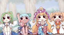 Rule 34 | 4girls, american flag dress, american flag legwear, blonde hair, blue bow, blue hair, blush, bow, candy, cirno, clownpiece, daiyousei, dress, fairy, fairy wings, fang, flower, food, green hair, hair bow, hand up, hat, ice, ice wings, jester cap, koubu6841, licking, lollipop, long hair, long sleeves, multiple girls, neck ruff, open mouth, pantyhose, plant, polka dot, puffy sleeves, ribbon, shirt, short hair, short sleeves, side ponytail, sitting, skirt, smile, snot, star (symbol), star print, striped, sunflower, sunny milk, swirl lollipop, tanned cirno, touhou, twintails, very long hair, wings