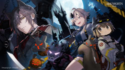 Rule 34 | 1boy, 2girls, :d, absurdres, ahoge, animal ears, arknights, black gloves, brown eyes, brown hair, cat ears, full moon, gloves, grey eyes, grey hair, grey jacket, highres, jacket, ji mag (artist), mayer (arknights), mayer (visionblazer in the courtyard) (arknights), moon, multiple girls, night, night sky, official alternate costume, official art, open mouth, phantom (arknights), phantom (dream within a dreammare) (arknights), shaw (arknights), shaw (cleansweeper in the castle) (arknights), short hair, sky, smile, squirrel tail, tail, thigh strap, white jacket, yellow eyes