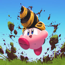 Rule 34 | 5health, blue eyes, blue sky, blush stickers, dirt, drill, drill kirby, grass, helmet, highres, jumping, kirby, kirby (series), kirby and the forgotten land, motion blur, nintendo, sky, smile, visor