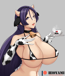 Rule 34 | 1girl, animal ears, animal print, areola slip, bell, bikini, black choker, blue eyes, blush, breasts, chinese zodiac, choker, cleavage, covered erect nipples, cow ears, cow horns, cow print, earrings, elbow gloves, eyeshadow, fake animal ears, fake horns, fate/grand order, fate (series), from side, gloves, grey background, hair between eyes, highres, hioyami, horns, jewelry, large breasts, lipstick, long hair, looking at viewer, makeup, micro bikini, midriff, minamoto no raikou (fate), navel, neck bell, open mouth, purple eyeshadow, saucer, simple background, solo, suggestive fluid, swimsuit, very long hair, year of the ox
