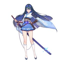 Rule 34 | 1girl, absurdres, armor, blue eyes, blue hair, closed mouth, floating hair, gorgeous mushroom, hand on own hip, highres, holding, holding sword, holding weapon, illusion connect, japanese clothes, looking at viewer, official art, saya (illusion connect), shoes, shoulder armor, simple background, skirt, socks, solo, standing, sword, third-party source, transparent background, weapon, wide sleeves