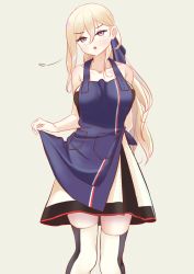 Rule 34 | 1girl, apron, blonde hair, blue apron, blue eyes, commentary request, cowboy shot, dress, grey background, hair between eyes, kantai collection, long hair, mole, mole under eye, mole under mouth, richelieu (kancolle), simple background, solo, standing, strapless, strapless dress, sun fle, thighhighs, two-tone dress, two-tone legwear