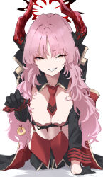 Rule 34 | 1girl, black coat, black footwear, black gloves, blue archive, boots, bra, breasts, brown eyes, cleavage, coat, coin, demon tail, gloves, grin, halo, highres, horns, large breasts, long hair, long sleeves, looking at viewer, makkurourufu, mole, mole on breast, pink hair, red bra, red halo, red horns, red thighhighs, satsuki (blue archive), simple background, smile, solo, tail, thigh boots, thighhighs, underwear, white background