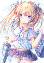 Rule 34 | 1girl, :d, bag, between breasts, blue neckerchief, blue ribbon, blue shirt, blue sky, blue umbrella, blush, breasts, brown hair, brown sailor collar, closed umbrella, cloud, cloudy sky, commentary request, day, hair between eyes, hair ribbon, holding, holding bag, holding umbrella, long hair, looking at viewer, medium breasts, neckerchief, open mouth, original, outdoors, pleated skirt, purple eyes, purple skirt, ribbon, sailor collar, school bag, school uniform, serafuku, shihou haru, shirt, short sleeves, skirt, sky, smile, solo, thighhighs, twintails, umbrella, white thighhighs