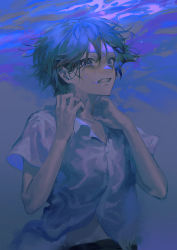 Rule 34 | 1boy, absurdres, air bubble, asphyxiation, black hair, blue eyes, bubble, clenched teeth, commentary request, drowning, highres, male focus, original, parted lips, shirt, short hair, short sleeves, solo, submerged, teeth, torino kawazu, underwater, upper body, white shirt
