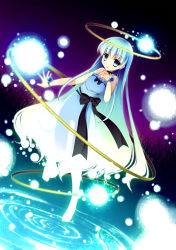 Rule 34 | 1girl, absurdres, blue eyes, blue hair, bracelet, chima q, choker, dress, energy ball, female focus, floating, glowing, green hair, halo, highres, jewelry, long hair, looking at viewer, matching hair/eyes, monster girl, original, personification, ring, sash, see-through, sidelocks, solo, very long hair, water, will-o-wisp