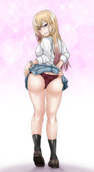 Rule 34 | 1girl, ass, blonde hair, blush, breasts, brown eyes, brown hair, butt crack, clothes lift, come hither, from behind, gradient hair, highres, huge ass, kitagawa marin, large breasts, long hair, looking at viewer, looking back, multicolored hair, naughty face, panties, school uniform, shiny clothes, shiny skin, sideboob, skirt, skirt hold, skirt lift, smile, solo, sono bisque doll wa koi wo suru, tk (butakuma), underwear, very long hair