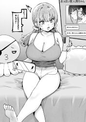 Rule 34 | 2girls, ;3, bed, blush, breasts, cellphone, cleavage, commentary, handheld game console, highres, huge breasts, large breasts, low twintails, mio (sky-freedom), multiple girls, one eye closed, original, phone, pillow, riko (sky-freedom), saliva, short shorts, shorts, sky-freedom, smartphone, stuffed animal, stuffed toy, surprised, sweatdrop, translated, twintails
