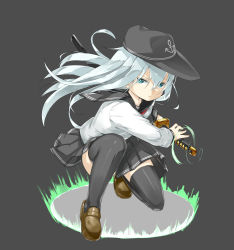 Rule 34 | 1girl, absurdres, anchor symbol, aruma (sawayaka tokuko miruku), black hat, black skirt, black thighhighs, blue eyes, brown footwear, commentary request, fighting stance, flat cap, grey background, hair between eyes, hat, hibiki (kancolle), highres, kantai collection, katana, loafers, long hair, long sleeves, looking at viewer, on one knee, pleated skirt, ready to draw, school uniform, serafuku, sheath, sheathed, shirt, shoes, silver hair, simple background, skirt, solo, sword, thighhighs, weapon, white shirt