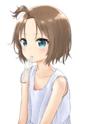 Rule 34 | 1girl, bad id, bad pixiv id, bare shoulders, blue eyes, blush, bottle, brown hair, collarbone, commentary request, coraman, highres, looking away, mouth hold, original, parted bangs, parted lips, shirt, simple background, solo, tank top, teeth, topknot, upper body, upper teeth only, white background, white shirt