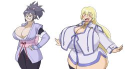 Rule 34 | 2girls, absurdres, alternate breast size, black hair, blonde hair, breasts, cleavage, colette brunel, fujibayashi sheena, gigantic breasts, happy, highres, huge breasts, multiple girls, non-web source, shirt, tales of (series), tales of symphonia, thick thighs, thighs, tight clothes, tight shirt, wide hips
