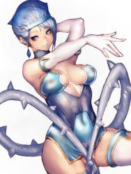 Rule 34 | 10s, 1girl, blue eyes, blue hair, blue rose (tiger &amp; bunny), breasts, covered erect nipples, earrings, elbow gloves, female focus, fumio (rsqkr), gloves, jewelry, karina lyle, matching hair/eyes, medium breasts, nipples, open m/, plant, see-through, short hair, solo, thighhighs, thighs, thorns, tiger &amp; bunny, vines, white thighhighs