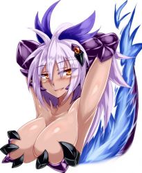 Rule 34 | 1girl, animal hands, armor, armpits, arms behind head, bikini armor, blue fire, blush, breasts, collaboration, dark-skinned female, dark skin, dragon, dragon (monster girl encyclopedia), dragon girl, fire, kenkou cross, kenkou cross (style), large breasts, liliafrau, looking at viewer, monster girl, monster girl encyclopedia, monster girl encyclopedia world guide i: dragonia, official art, open mouth, purple hair, revealing clothes, scales, smile, tail, warrior, yellow eyes, yu (yoki)