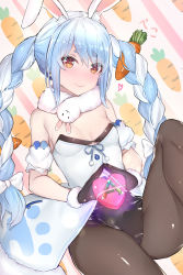 Rule 34 | 1girl, absurdres, animal ear fluff, animal ears, ark survival evolved, bad id, bad pixiv id, black pantyhose, blush, braid, breasts, carrot hair ornament, food-themed hair ornament, gift, gloves, hair ornament, hair ribbon, heart, heart hands, highres, hololive, looking at viewer, multicolored hair, orange eyes, pantyhose, rabbit ears, ribbon, sherryqq, small breasts, smile, solo, thick eyebrows, thighs, twin braids, two-tone hair, usada pekora, usada pekora (1st costume), virtual youtuber