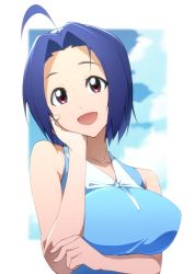 Rule 34 | 1girl, :d, ahoge, blue hair, breasts, hand on own cheek, hand on own face, highres, idolmaster, idolmaster (classic), l (laine), large breasts, looking at viewer, miura azusa, open mouth, purple eyes, short hair, smile, solo, upper body