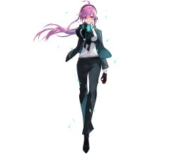 1girl alternate_costume closed_mouth da-kuro formal_clothes full_body gloves gun highres holding holding_gun holding_weapon official_art pants phantom_of_the_kill pink_hair psycho-pass red_eyes shirt shoes solo standing straight-on suit weapon