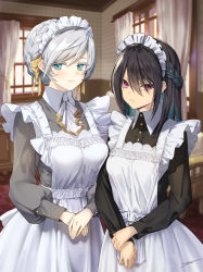 Rule 34 | 2girls, apron, black dress, black hair, blue hair, braid, breasts, closed mouth, collared dress, commentary request, curtains, dress, frilled apron, frills, green eyes, grey dress, grey hair, hair between eyes, hair over one eye, highres, indoors, long sleeves, maid, maid apron, maid headdress, medium breasts, multicolored hair, multiple girls, original, own hands together, puffy long sleeves, puffy sleeves, purple eyes, signature, two-tone hair, tyone, v-shaped eyebrows, white apron, window