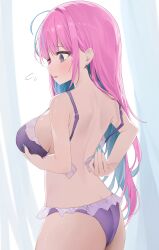 Rule 34 | 1girl, @ @, absurdres, ahoge, ass, back, blue hair, blue nails, blush, bra, breast hold, breasts, check commentary, colored inner hair, commentary request, frilled panties, frills, highres, hololive, knees out of frame, large breasts, long hair, minato aqua, multicolored hair, nel dcm, open mouth, panties, pink hair, purple bra, purple eyes, purple hair, purple panties, solo, standing, streaked hair, two-tone hair, underwear, underwear only, virtual youtuber