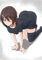 Rule 34 | 1girl, all fours, ass, black thighhighs, blush, bodysuit, brown hair, commentary request, feet out of frame, furutaka (kancolle), furutaka kai ni (kancolle), glowing, glowing eye, hair ornament, hairclip, heterochromia, highres, kamaboko senshi, kantai collection, looking to the side, short hair, single thighhigh, solo, thighhighs, yellow eyes