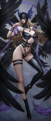 Rule 34 | 1girl, absurdres, alternate costume, angewomon, angle, anklet, arm belt, belt, black gloves, black wings, bondage outfit, breasts, dark persona, digimon, digimon (creature), feathered wings, gimp mask, gloves, harness, highres, jewelry, long hair, mask, revealing clothes, skindentation, solo, thigh strap, thighhighs, wings