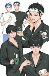 2jiao 3boys arm_up black-framed_eyewear black_shirt blue_headband bowl chewing chibi chibi_inset chopsticks closed_eyes closed_mouth clothes_grab collarbone collared_shirt commentary cropped_legs cropped_torso cup curled_fingers eating eunho_(plave) flying_sweatdrops food glasses green_eyes green_headband green_pajamas hamin_(plave) hand_in_clothes hand_on_own_face hand_on_own_hip headband highres holding holding_bowl holding_chopsticks holding_cup male_focus multiple_boys multiple_views noodles one_eye_closed open_collar pajamas plave pochacco red_eyes sanrio shirt shirt_grab short_sleeves simple_background smile solo_focus sparkle sweatdrop t-shirt toothbrush white_background white_hair white_shirt yejun_(plave)