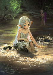 Rule 34 | 2girls, aduo, collarbone, commentary request, day, dress, fern (sousou no frieren), flat chest, frieren, green eyes, highres, legs together, long hair, multiple girls, outdoors, parted lips, pointy ears, pouring, pouring onto self, purple hair, river, rock, sitting, soaking feet, solo focus, sousou no frieren, standing, straight hair, very long hair, washing, water, white dress, white hair