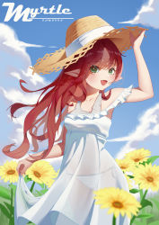 Rule 34 | 1girl, :d, absurdres, alternate costume, arknights, arm up, bare shoulders, bikini, bikini under clothes, blue sky, blush, breasts, character name, chinese commentary, collarbone, commentary request, cowboy shot, day, dress, fang, flower, frilled dress, frills, green eyes, hand on headwear, hat, highres, liu zhu, long hair, myrtle (arknights), off-shoulder dress, off shoulder, open mouth, outdoors, pointy ears, red hair, see-through, side-tie bikini bottom, skin fang, sky, small breasts, smile, solo, straw hat, swimsuit, very long hair, white bikini, white dress, yellow flower, yellow hat