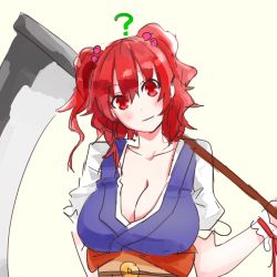 Rule 34 | 1girl, ?, bad id, bad pixiv id, blush, blush stickers, breasts, cleavage, coin, hair bobbles, hair ornament, head tilt, highres, japanese clothes, large breasts, looking at viewer, mappe (778exceed), obi, onozuka komachi, red eyes, red hair, sash, scythe, short twintails, sketch, solo, touhou, twintails, two side up, upper body, wrist cuffs