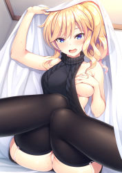 Rule 34 | 10s, 1girl, aran sweater, asami asami, black sweater, black thighhighs, blonde hair, blue eyes, blush, cable knit, cameltoe, dress, garter straps, gloves, hand on own chest, happy, highres, idolmaster, idolmaster cinderella girls, idolmaster cinderella girls starlight stage, knees together feet apart, long hair, looking at viewer, meme attire, ohtsuki yui, one breast out, panties, ponytail, sidelocks, sitting, sleeveless, smile, solo, sweatdrop, sweater, sweater dress, sweater vest, thighhighs, thighs, turtleneck, under covers, underwear, virgin killer sweater