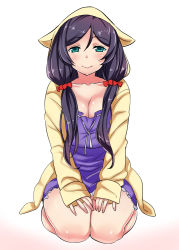 Rule 34 | 10s, 1girl, animal hood, aqua eyes, breasts, cleavage, green eyes, hair over shoulder, hood, long hair, looking at viewer, love live!, love live! school idol festival, love live! school idol project, mushi024, nightgown, purple hair, seiza, sitting, smile, solo, tojo nozomi, twintails, v arms, wariza