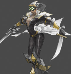 Rule 34 | 1girl, blade, boots, breasts, dual wielding, genderswap, genderswap (mtf), highres, holding, league of legends, lipstick, loped, makeup, master yi, medium breasts, simple background, solo, sword, weapon