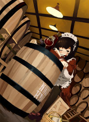 Rule 34 | 1girl, alcohol, animal, apron, bad id, bad pixiv id, barrel, blush, bottle, brown eyes, brown hair, cheese, cup, drinking glass, drunk, dutch angle, food, frills, highres, kacchuu, maid, maid apron, maid headdress, mole, mouse (animal), one eye closed, open mouth, pantyhose, ribbon, sitting, solo, wine, wine glass, wink