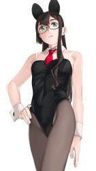 Rule 34 | 1girl, absurdres, alternate costume, animal ears, bad id, bad twitter id, black hair, black leotard, breasts, detached collar, fake animal ears, glasses, green eyes, grey pantyhose, hand on own hip, highres, kantai collection, leotard, long hair, looking at viewer, necktie, ojipon, ooyodo (kancolle), pantyhose, parted lips, playboy bunny, rabbit ears, red necktie, simple background, small breasts, solo, white background, wrist cuffs