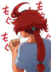Rule 34 | 1girl, ahoge, text background, black hairband, commentary, dark-skinned female, dark skin, eating, facing away, food, from behind, grey shirt, gundam, gundam suisei no majo, hair tie, hairband, highres, holding, holding food, kamille (vcx68), long hair, low-tied long hair, messy hair, motion lines, ponytail, red hair, shirt, short sleeves, simple background, solo, suletta mercury, t-shirt, translated, white background