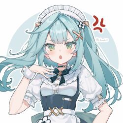 Rule 34 | 1girl, :o, anger vein, apron, aqua background, aqua hair, artist name, black bow, black bowtie, black choker, black dress, blunt bangs, blush, bow, bowtie, choker, collared shirt, commentary request, double-parted bangs, dress, faruzan (cafe) (genshin impact), faruzan (genshin impact), frilled shirt collar, frills, genshin impact, green eyes, hair between eyes, hair ornament, hand on own hip, hand up, highres, long hair, looking at viewer, luna (luna610), maid apron, maid headdress, open mouth, puffy short sleeves, puffy sleeves, shirt, short sleeves, solo, twintails, twitter username, upper body, v-shaped eyebrows, waist apron, white background, white headwear, white shirt, white wrist cuffs, wrist cuffs, x hair ornament