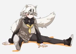Rule 34 | 1girl, animal ear fluff, badger ears, badger girl, badger tail, black footwear, black fur, black hair, black pantyhose, black sailor collar, blush, commentary, extra ears, full body, fur-trimmed sleeves, fur trim, gradient sleeves, grey background, grey skirt, japanese badger (kemono friends), kemono friends, long sleeves, looking at viewer, multicolored hair, neckerchief, pantyhose, pleated skirt, sailor collar, school uniform, serafuku, shoe soles, shoes, short hair, simple background, sitting, skirt, sneakers, solo, sweater around neck, tanabe (fueisei), two-tone hair, white hair, yellow eyes, yellow neckerchief