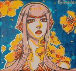 Rule 34 | blue background, cel shading, eyelashes, fashion, fefeather, flower, impossible hair, manon legrand, painting (medium), pensive, pink hair, red lips, shadow, signature, street fighter, street fighter 6, traditional media, unfinished