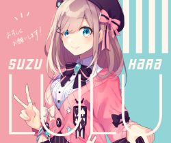 Rule 34 | 1girl, :3, badge, black bow, blue background, blue eyes, bow, brooch, character name, closed mouth, commentary, hair between eyes, hair bow, hair over one eye, hat, heart, jacket, jewelry, looking at viewer, medium hair, nail polish, nijisanji, pink background, pink bow, pink jacket, pink nails, ring, saine, shirt, solo, star (symbol), suzuhara lulu, suzuhara lulu (1st costume), sweater jacket, two-tone background, upper body, v, virtual youtuber, white bow, white shirt