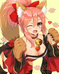 Rule 34 | 1girl, animal ears, animal hands, bell, bent over, black thighhighs, blush, bow, breasts, brown eyes, brown gloves, carrot, chiroshiron, claws, cleavage, collar, detached sleeves, dress, eyebrows, fang, fate/grand order, fate (series), food, fox ears, fox tail, gloves, hair between eyes, hair bow, highres, jingle bell, leaning forward, long hair, long sleeves, looking at viewer, open mouth, oppai mochi, paw gloves, pink eyes, pink hair, ponytail, red bow, red dress, simple background, solo, standing, tail, tamamo (fate), tamamo cat (fate), tamamo cat (first ascension) (fate), tamamo no mae (fate/extra), thighhighs, thighs, vegetable, wide sleeves, yellow background