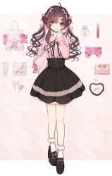 Rule 34 | 1girl, :d, ahoge, alternate hairstyle, bag, black footwear, black skirt, blouse, blue eyes, blush, bottle, bow, brown hair, comb, commentary request, drill hair, earrings, hair ornament, hair ribbon, handbag, heart, highres, ichinose shiki, idolmaster, idolmaster cinderella girls, jewelry, long hair, looking at viewer, nail polish, napkin, neru5, open mouth, perfume bottle, pink background, pink nails, pink ribbon, pink shirt, ribbon, ring, shirt, skirt, smile, socks, solo, twin drills, white socks