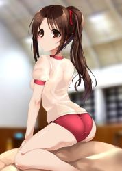 Rule 34 | arm support, ass, back, blouse, blurry, blurry background, breasts, brown eyes, brown hair, buruma, commentary request, expressionless, hair ribbon, highres, idolmaster, idolmaster cinderella girls, indoors, legs, light blush, long hair, looking at viewer, looking back, medium breasts, paopao, ponytail, red buruma, red ribbon, ribbon, shimamura uzuki, shirt, short sleeves, sitting, solo, thighs, white shirt