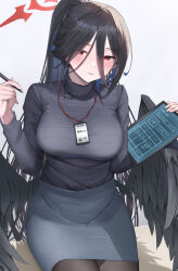Rule 34 | 1girl, alternate costume, black hair, black pantyhose, black shirt, blue archive, blush, breasts, closed mouth, commentary request, hair between eyes, halo, hasumi (blue archive), highres, holding, large breasts, long hair, long sleeves, looking at viewer, low wings, mole, mole under eye, office lady, pantyhose, red eyes, shirt, shirt tucked in, shougun (chuckni1), simple background, smile, solo, wings